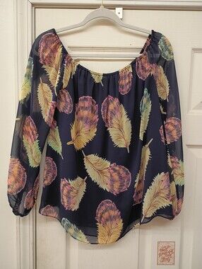 Buddy Love Navy Off-Shoulder Feather Print Blouse